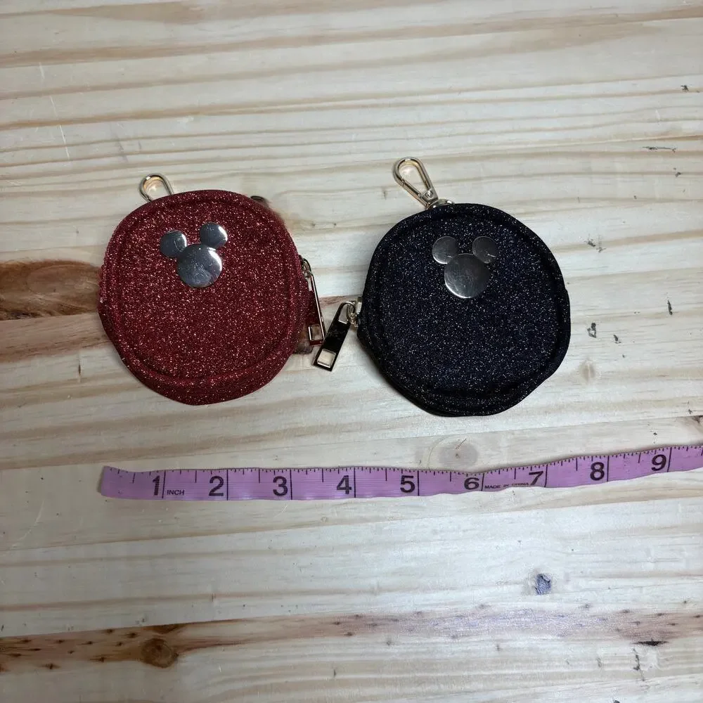 Disney Mickey Mouse Coin Purse Black Red Glitter Shimmer Zip Around -- Lot of 2